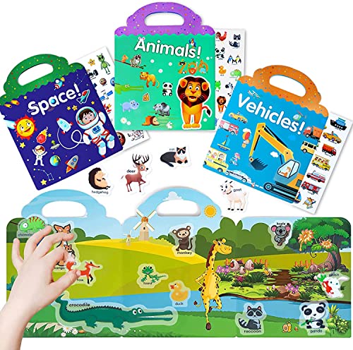 Wieat Reusable Sticker Books, 3-Pack Kid's Stickers Toys for 2-4 Year Olds Children, Toddler Activities Books, Educational Toys for Kids,Best Christms Toys Gifts for Girls&Boys(Animals/Space/Vehicle)