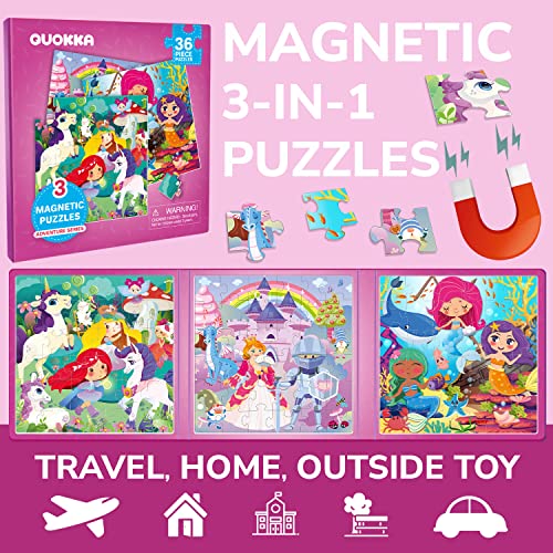Magnetic Puzzles for Kids Ages 3-5 - 36 Pieces Travel Toddler Puzzles by QUOKKA - Princess Unicorn Car Activities Toy for Girls 4-8 yo - Learning Magnet for Road Trip