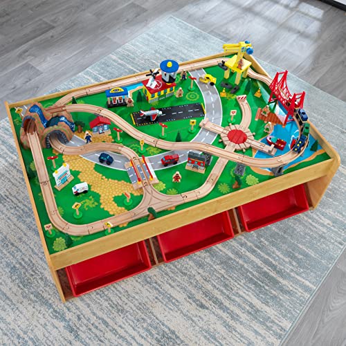 KidKraft 17850 Waterfall Mountain Wooden Train Track Set and Table for kids, Railway Activity Playset with Accessories Included (120 Pieces), Natural