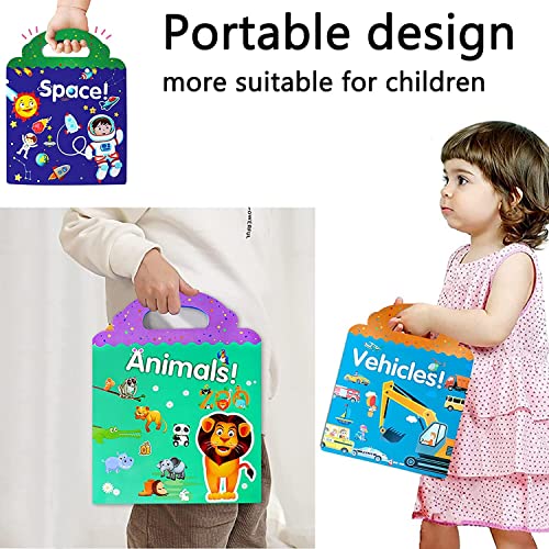 Wieat Reusable Sticker Books, 3-Pack Kid's Stickers Toys for 2-4 Year Olds Children, Toddler Activities Books, Educational Toys for Kids,Best Christms Toys Gifts for Girls&Boys(Animals/Space/Vehicle)