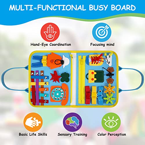 HitTopss Busy Board for Toddlers, Sensory Activity Board for Travel Car Airplane, 25 in 1 Montessori Educational Toys for Learning Fine Motor Skills, Gift for Boys Girls (Blue)