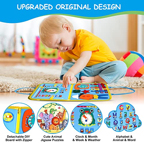 HitTopss Busy Board for Toddlers, Sensory Activity Board for Travel Car Airplane, 25 in 1 Montessori Educational Toys for Learning Fine Motor Skills, Gift for Boys Girls (Blue)