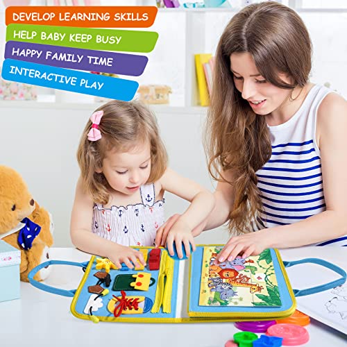 HitTopss Busy Board for Toddlers, Sensory Activity Board for Travel Car Airplane, 25 in 1 Montessori Educational Toys for Learning Fine Motor Skills, Gift for Boys Girls (Blue)