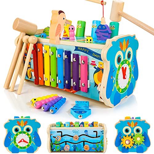 7-in-1 Wooden Hammering Pounding Toy for Kids, Whack-a-Mole Game with Magnetic Woodpecker Worms Fish Rod Montessori Educational Activity Toys with Hammers & Mallets Gift for Toddlers Age 1 2 3