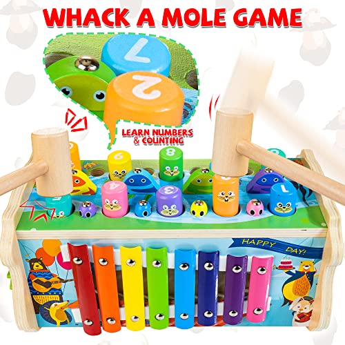 7-in-1 Wooden Hammering Pounding Toy for Kids, Whack-a-Mole Game with Magnetic Woodpecker Worms Fish Rod Montessori Educational Activity Toys with Hammers & Mallets Gift for Toddlers Age 1 2 3