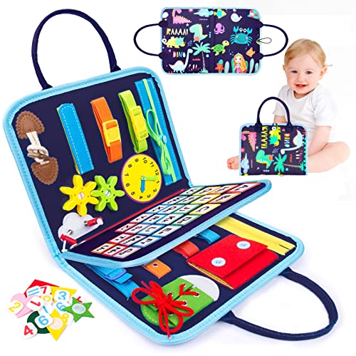 SPLAKS Busy Board, 20 in 1 Toddlers Toys Sensory Toys Activity Board for Learning Fine Motor Skills Preschool Educational Learning Toys Gift for Boys Girls-Dinosaur