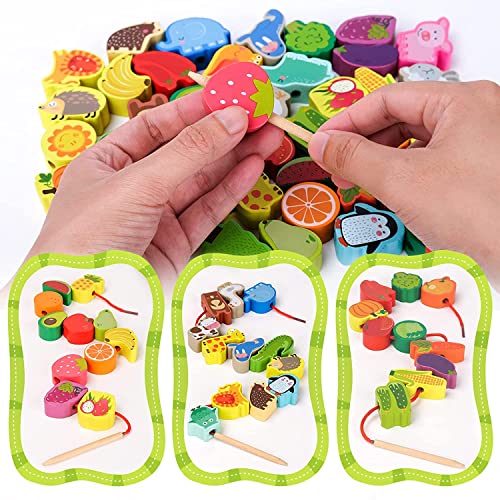 Montessori Toys Gifts for 3 Year Olds, Wooden Toddler Toys for Kids, Educational Learning Threading Toys for Boys Girls Preschool Activities Stringing Bead Set Games 3 4 5 Year Old Children Present