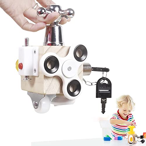 Wooden Sensory Activity Cube Toy, Busy Cube Handmade Montessori Fidget Educational Travel Toy for Toddler Early Development Autism & ADHD (A)