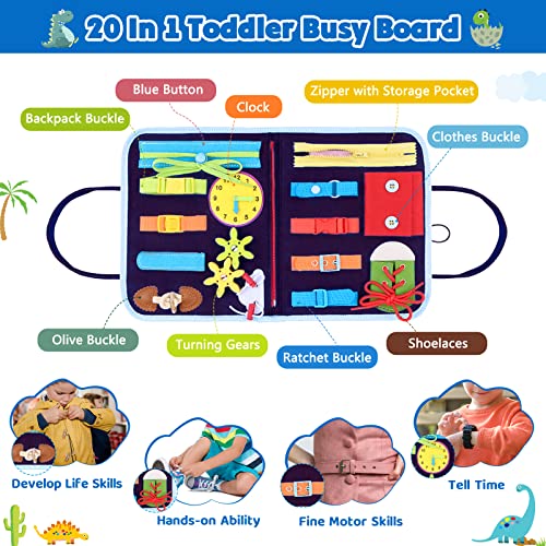 SPLAKS Busy Board, 20 in 1 Toddlers Toys Sensory Toys Activity Board for Learning Fine Motor Skills Preschool Educational Learning Toys Gift for Boys Girls-Dinosaur