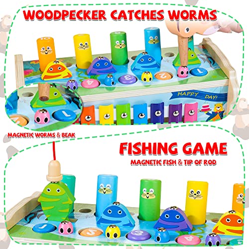 7-in-1 Wooden Hammering Pounding Toy for Kids, Whack-a-Mole Game with Magnetic Woodpecker Worms Fish Rod Montessori Educational Activity Toys with Hammers & Mallets Gift for Toddlers Age 1 2 3