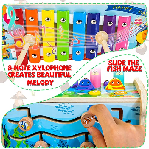 7-in-1 Wooden Hammering Pounding Toy for Kids, Whack-a-Mole Game with Magnetic Woodpecker Worms Fish Rod Montessori Educational Activity Toys with Hammers & Mallets Gift for Toddlers Age 1 2 3