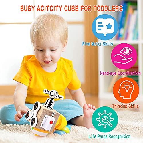 Wooden Sensory Activity Cube Toy, Busy Cube Handmade Montessori Fidget Educational Travel Toy for Toddler Early Development Autism & ADHD (A)