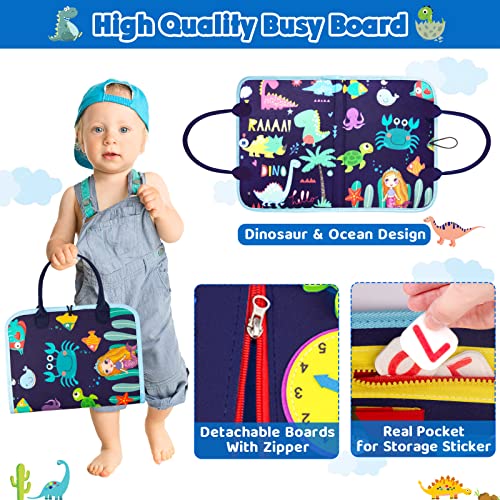 SPLAKS Busy Board, 20 in 1 Toddlers Toys Sensory Toys Activity Board for Learning Fine Motor Skills Preschool Educational Learning Toys Gift for Boys Girls-Dinosaur