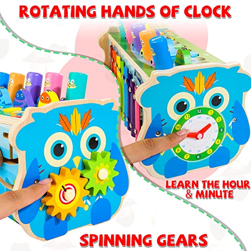 7-in-1 Wooden Hammering Pounding Toy for Kids, Whack-a-Mole Game with Magnetic Woodpecker Worms Fish Rod Montessori Educational Activity Toys with Hammers & Mallets Gift for Toddlers Age 1 2 3