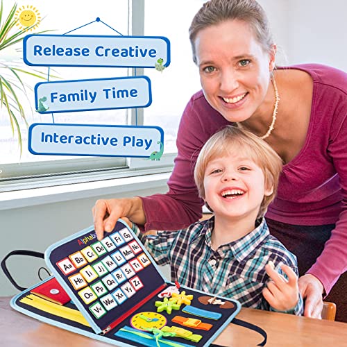 SPLAKS Busy Board, 20 in 1 Toddlers Toys Sensory Toys Activity Board for Learning Fine Motor Skills Preschool Educational Learning Toys Gift for Boys Girls-Dinosaur