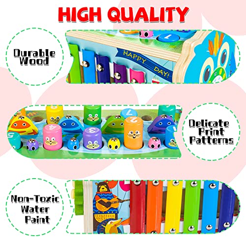 7-in-1 Wooden Hammering Pounding Toy for Kids, Whack-a-Mole Game with Magnetic Woodpecker Worms Fish Rod Montessori Educational Activity Toys with Hammers & Mallets Gift for Toddlers Age 1 2 3