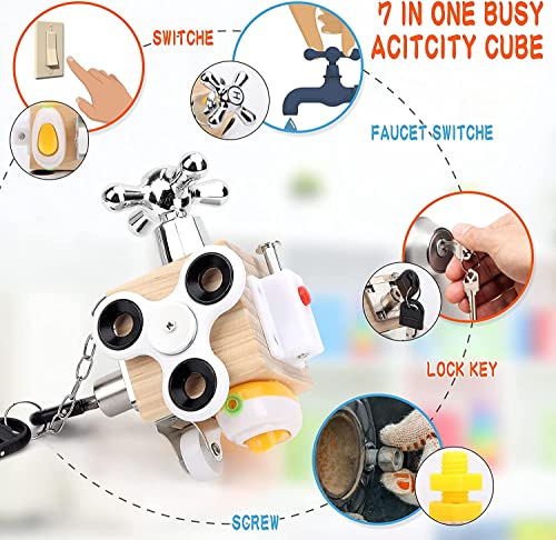 Wooden Sensory Activity Cube Toy, Busy Cube Handmade Montessori Fidget Educational Travel Toy for Toddler Early Development Autism & ADHD (A)