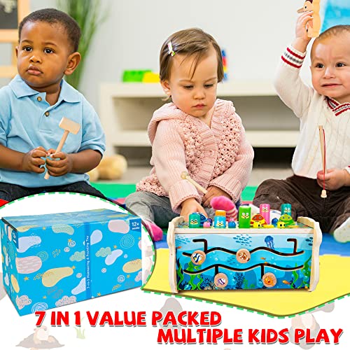 7-in-1 Wooden Hammering Pounding Toy for Kids, Whack-a-Mole Game with Magnetic Woodpecker Worms Fish Rod Montessori Educational Activity Toys with Hammers & Mallets Gift for Toddlers Age 1 2 3