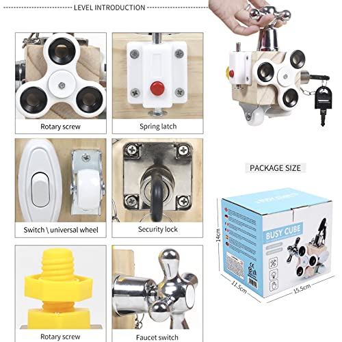 Wooden Sensory Activity Cube Toy, Busy Cube Handmade Montessori Fidget Educational Travel Toy for Toddler Early Development Autism & ADHD (A)