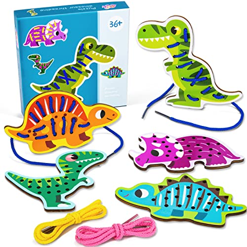 Atoylink 5pcs Dinosaur Lacing Cards Wooden Threading Toys for 2 3 4 5 Years Old Montessori Fine Motor Skills Educational Toys Early Development & Activity Toy for Preschool Kids Boys Girls (A)