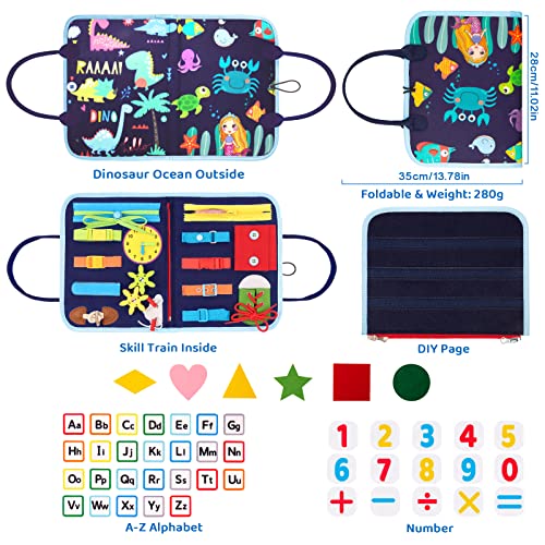 SPLAKS Busy Board, 20 in 1 Toddlers Toys Sensory Toys Activity Board for Learning Fine Motor Skills Preschool Educational Learning Toys Gift for Boys Girls-Dinosaur