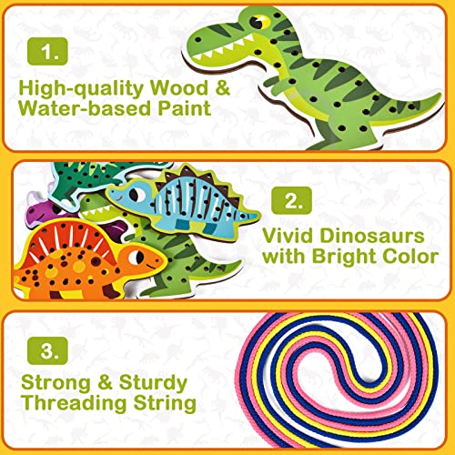 Atoylink 5pcs Dinosaur Lacing Cards Wooden Threading Toys for 2 3 4 5 Years Old Montessori Fine Motor Skills Educational Toys Early Development & Activity Toy for Preschool Kids Boys Girls (A)