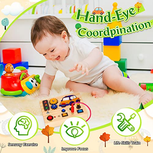 Auney Montessori Toys Busy Board Wooden Sensory Toys for Toddlers 1 2 3 Light Up LED Board Switch Early Development & Activity Toys for Kids Boys & Girls for Kids