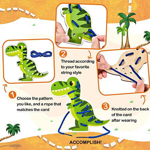 Atoylink 5pcs Dinosaur Lacing Cards Wooden Threading Toys for 2 3 4 5 Years Old Montessori Fine Motor Skills Educational Toys Early Development & Activity Toy for Preschool Kids Boys Girls (A)