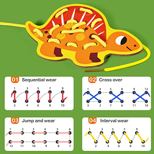 Atoylink 5pcs Dinosaur Lacing Cards Wooden Threading Toys for 2 3 4 5 Years Old Montessori Fine Motor Skills Educational Toys Early Development & Activity Toy for Preschool Kids Boys Girls (A)