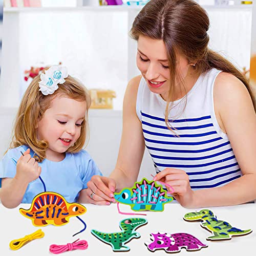 Atoylink 5pcs Dinosaur Lacing Cards Wooden Threading Toys for 2 3 4 5 Years Old Montessori Fine Motor Skills Educational Toys Early Development & Activity Toy for Preschool Kids Boys Girls (A)