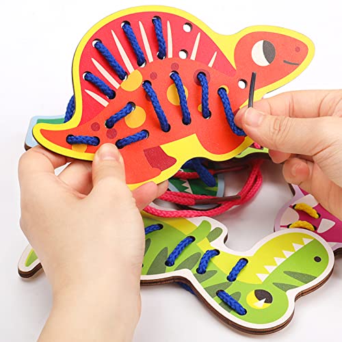 Atoylink 5pcs Dinosaur Lacing Cards Wooden Threading Toys for 2 3 4 5 Years Old Montessori Fine Motor Skills Educational Toys Early Development & Activity Toy for Preschool Kids Boys Girls (A)