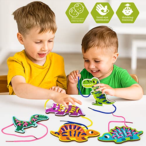Atoylink 5pcs Dinosaur Lacing Cards Wooden Threading Toys for 2 3 4 5 Years Old Montessori Fine Motor Skills Educational Toys Early Development & Activity Toy for Preschool Kids Boys Girls (A)