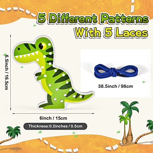 Atoylink 5pcs Dinosaur Lacing Cards Wooden Threading Toys for 2 3 4 5 Years Old Montessori Fine Motor Skills Educational Toys Early Development & Activity Toy for Preschool Kids Boys Girls (A)