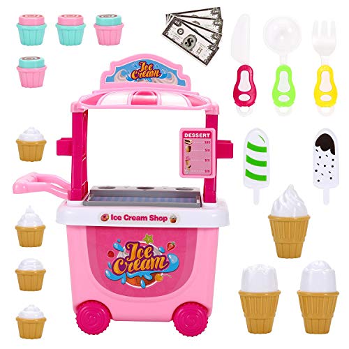 SOKA® Ice Cream Trolley Shop Cart for Children - 27 Pcs Ice Cream Parlour Pretend Food Play Set for Kid's Activity & Early Development Education - Gift for Boys Girls
