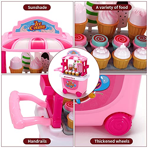SOKA® Ice Cream Trolley Shop Cart for Children - 27 Pcs Ice Cream Parlour Pretend Food Play Set for Kid's Activity & Early Development Education - Gift for Boys Girls