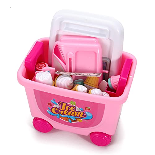 SOKA® Ice Cream Trolley Shop Cart for Children - 27 Pcs Ice Cream Parlour Pretend Food Play Set for Kid's Activity & Early Development Education - Gift for Boys Girls