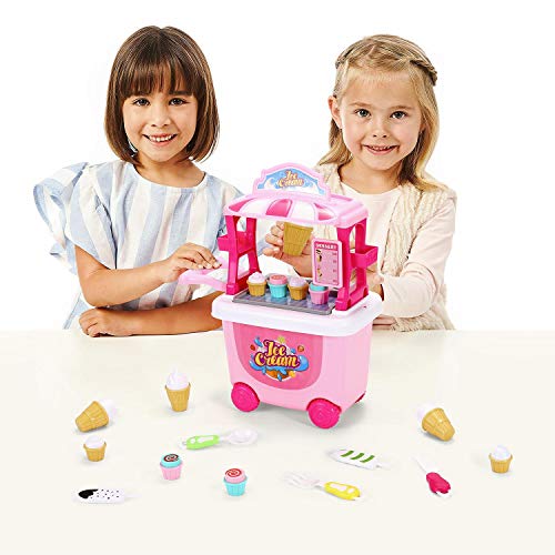 SOKA® Ice Cream Trolley Shop Cart for Children - 27 Pcs Ice Cream Parlour Pretend Food Play Set for Kid's Activity & Early Development Education - Gift for Boys Girls
