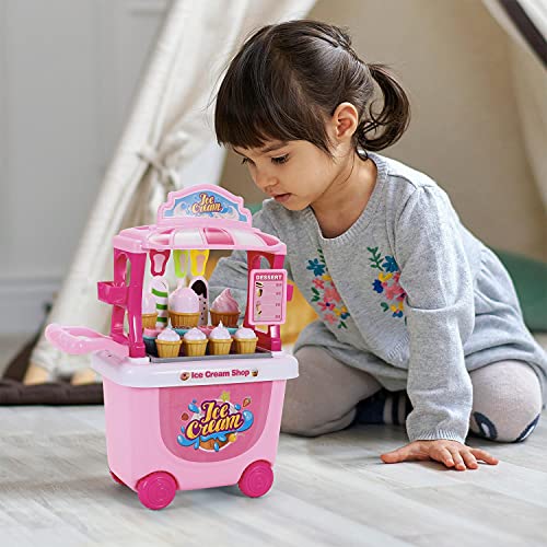 SOKA® Ice Cream Trolley Shop Cart for Children - 27 Pcs Ice Cream Parlour Pretend Food Play Set for Kid's Activity & Early Development Education - Gift for Boys Girls