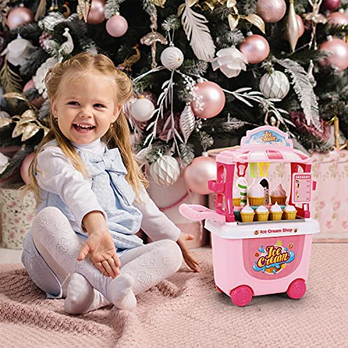 SOKA® Ice Cream Trolley Shop Cart for Children - 27 Pcs Ice Cream Parlour Pretend Food Play Set for Kid's Activity & Early Development Education - Gift for Boys Girls