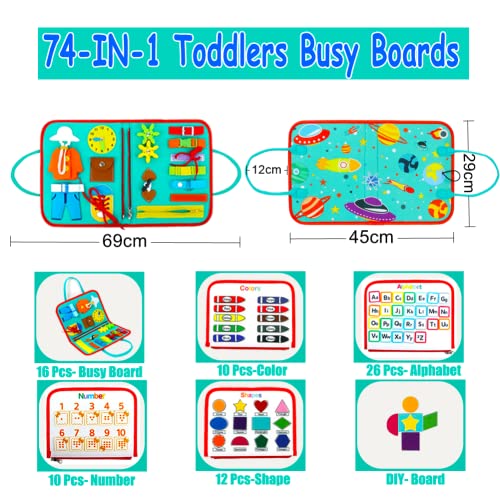 Toddle Busy board, 74-IN-1 Montessori Toy Autism Sensory Board for Kids, Car Plane Activity Board Travel Toys, Preschool Educational Toys for 1-6 Year Old Boys Girls,Vast Space Theme Gifts