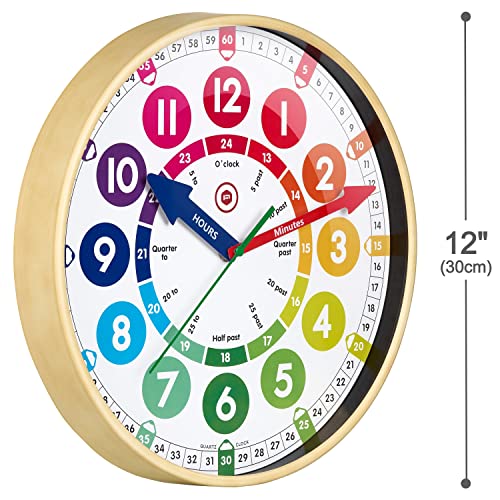 Children’s Learning Large 12” Wall Clock – Early Development and Activity, Learn to Tell the Time- Safe Acrylic Face, Silent Sweep Mechanism