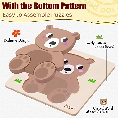 Airlab Wooden Puzzles for Toddlers Over 1 2 3+ Year Old Baby Infant Chunky Animals Shape Jigsaw Educational Preschool Learning Gift Kids Montessori Early Development Activity Toys with Drawstring Bag