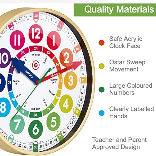 Children’s Learning Large 12” Wall Clock – Early Development and Activity, Learn to Tell the Time- Safe Acrylic Face, Silent Sweep Mechanism