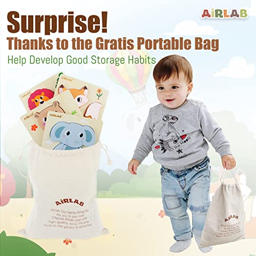 Airlab Wooden Puzzles for Toddlers Over 1 2 3+ Year Old Baby Infant Chunky Animals Shape Jigsaw Educational Preschool Learning Gift Kids Montessori Early Development Activity Toys with Drawstring Bag