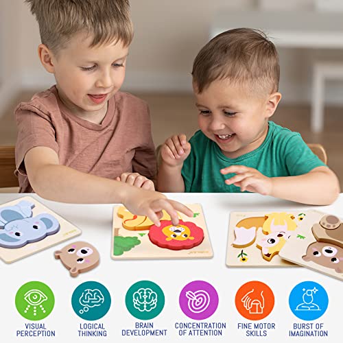 Airlab Wooden Puzzles for Toddlers Over 1 2 3+ Year Old Baby Infant Chunky Animals Shape Jigsaw Educational Preschool Learning Gift Kids Montessori Early Development Activity Toys with Drawstring Bag
