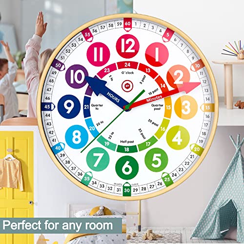 Children’s Learning Large 12” Wall Clock – Early Development and Activity, Learn to Tell the Time- Safe Acrylic Face, Silent Sweep Mechanism
