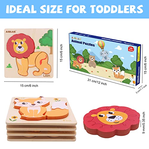 Airlab Wooden Puzzles for Toddlers Over 1 2 3+ Year Old Baby Infant Chunky Animals Shape Jigsaw Educational Preschool Learning Gift Kids Montessori Early Development Activity Toys with Drawstring Bag