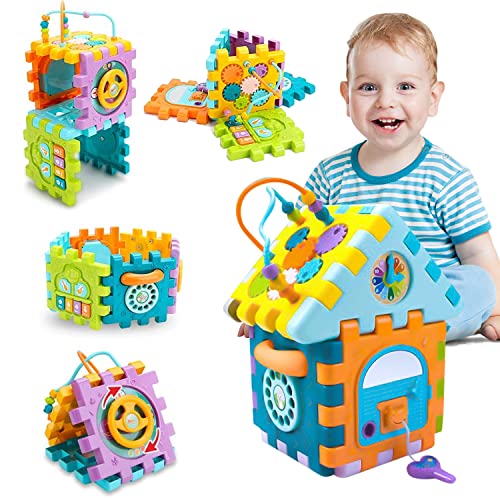 Activity Cube Shape Sorter - 9 in 1 Multifunction Baby Activity Center Early Development & Activity toys with Piano, Bead Maze Toy Baby Musical Toys Educational Gift for 1,2,3 Years Old Toddler Kids
