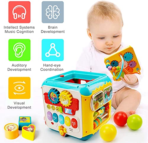 WISHTIME Musical Activity Cube Baby Toy - 7 in 1 Learning Play Cube for Toddlers Activity Centre Cube Shape Sorter Toy Early Development Educational Toy for Boys Girls Kids 18 Months Plus