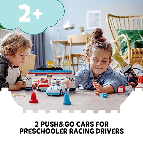 LEGO 10947 DUPLO Town Race Cars Toy for Toddlers 2 Plus Years Old, Push & Go Racer Vehicles Set for Preschool Kids, Boys & Girls, Early Development and Activity Toys